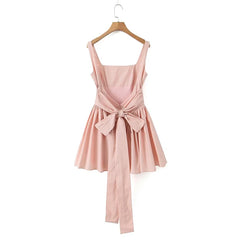 Voguable Women Sweet Tie Bow Sashes Sexy Backless Dress Waist Spliced Pleated Swing Party Mini Robe voguable