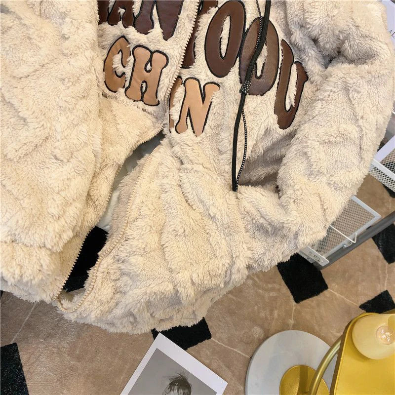 Artificial Lamb Plush Hoodeds Coats Women Winter Thick Warm Long Sleeve Loose Sweatshirts Y2K Ladies All-Match Plush Outerwear voguable