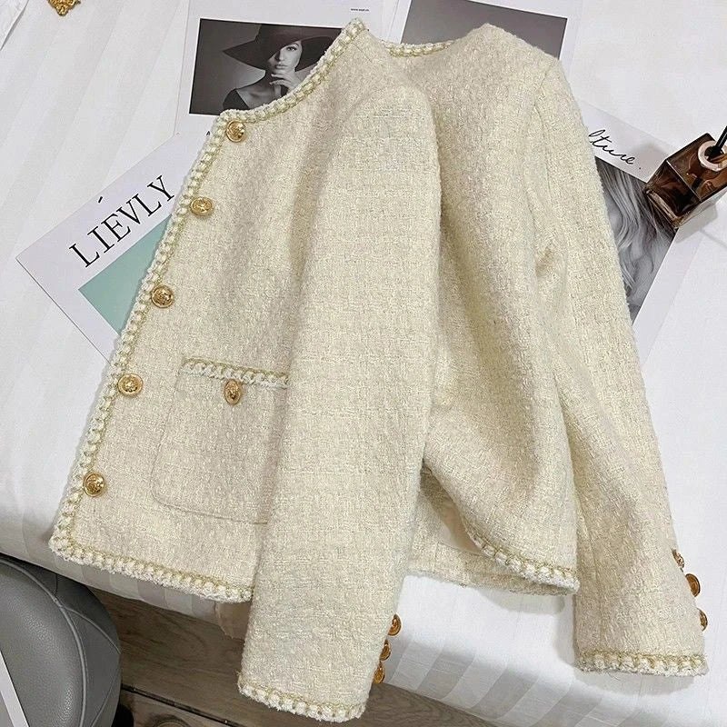 French Sweet Tweed Jacket Women O Neck Elegant Slim Long Sleeve Coat Vintage Casual Single Breasted Female Fall Winter Tops voguable