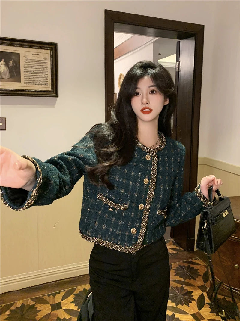 Vintage Cropped Tweed Jacket Women Elegant Blazer Korean Single Breasted Short Coats Autumn Winter Chic Suit Outerwear New voguable