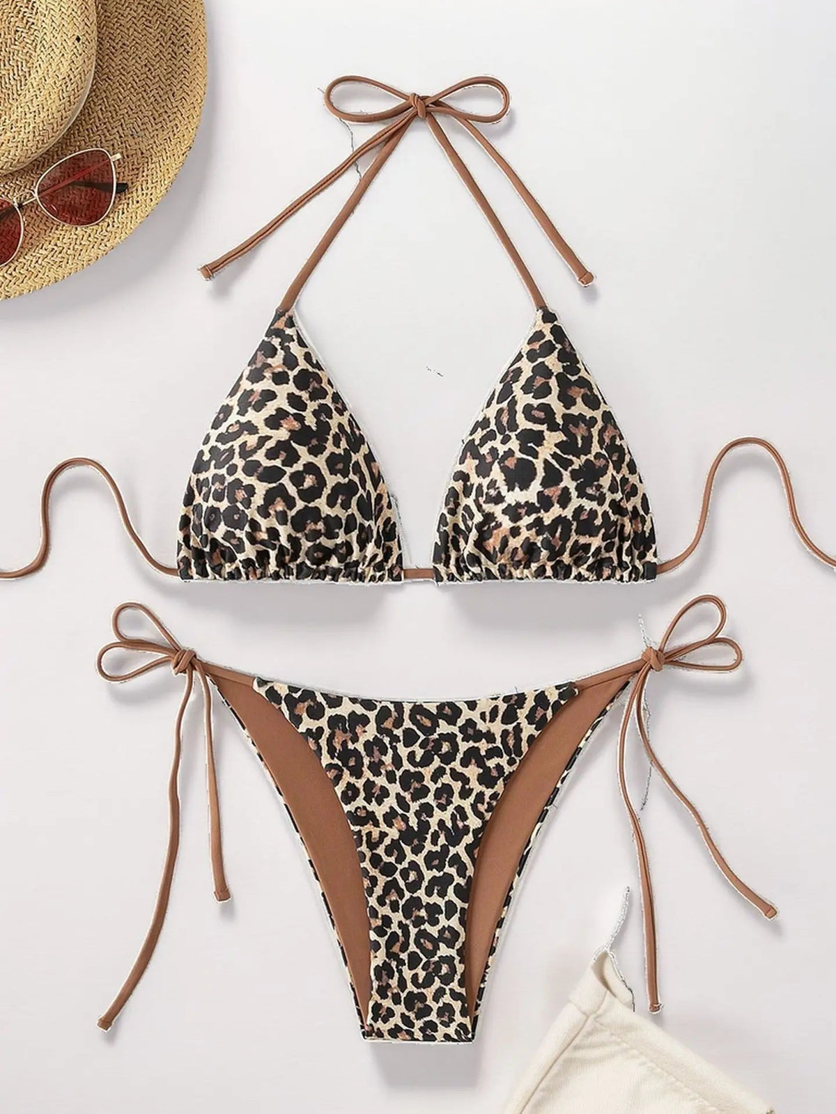 Voguable  Fashion Sexy Leopard Laced Up Bikini Women Split Swimsuit Beach Vacation Bikini All Season Backless Bikini 2 Piece Set voguable