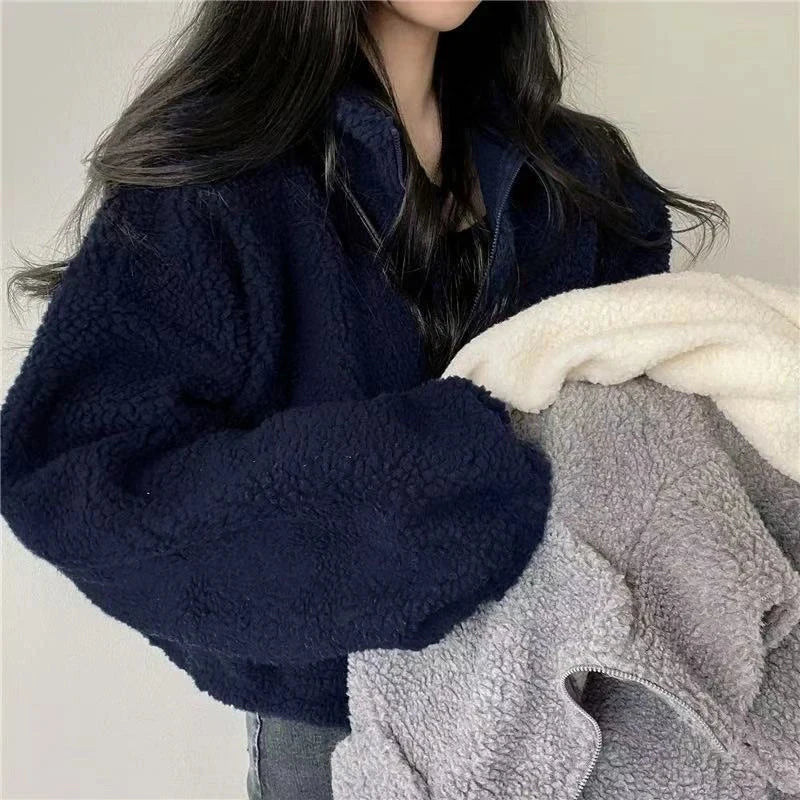 Artificial Lamb Wool Crop Jacket Women Autumn Winter Thick Warm Plush Coat Female Fashion Zipper Stand Collar Casual Outerwear voguable