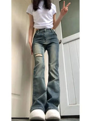 American vintage Micro-Pull Ripped Jeans Women Summer 2023 New Small Gyaru High Waist Slimming Straight Pants voguable