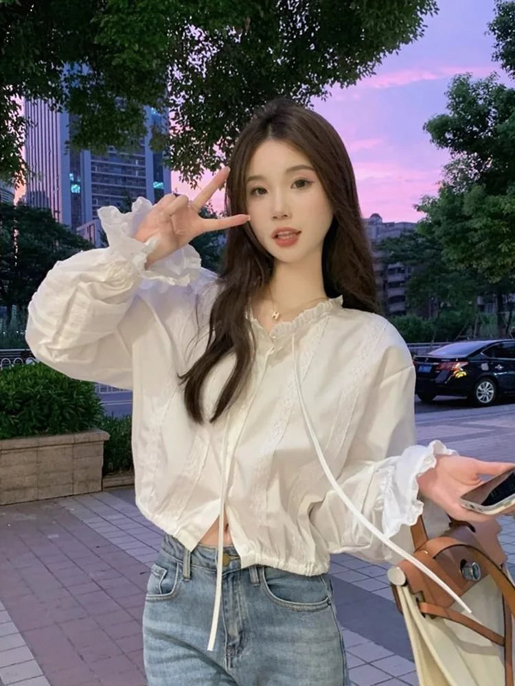 Sexy Slim Cropped White Shirt Women Sweet Lace Patchwork Flare Sleeve Blouse Fashion Fall Ruffled Neck Elegant Korean Chic Tops voguable