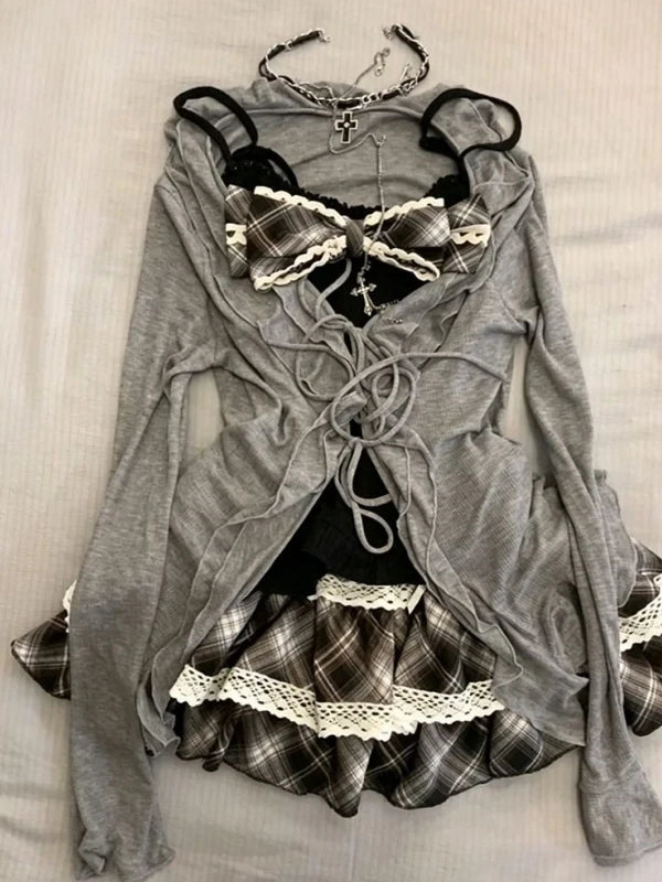 Voguable  Early Autumn Three-Piece Set Breathable V-Neck Checkered  Knot Strap Bell-Cuff Open Cardigan Atmosphere Feeling Clot... voguable