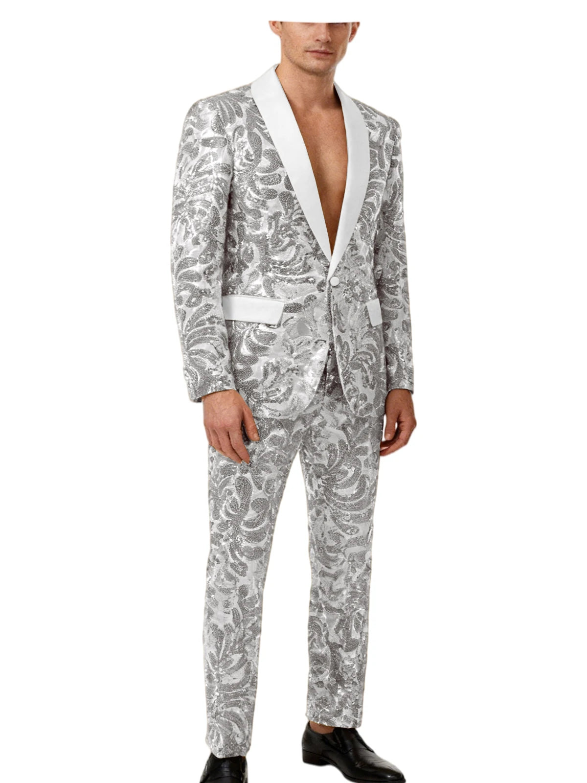 Voguable  Luxury Men's Sequin 2 Piece Set (Blazer+Pants) Shawl Collar 1 Button Slim Fit Sparkly Tuxedos Jacket Trousers for Wedding Party voguable