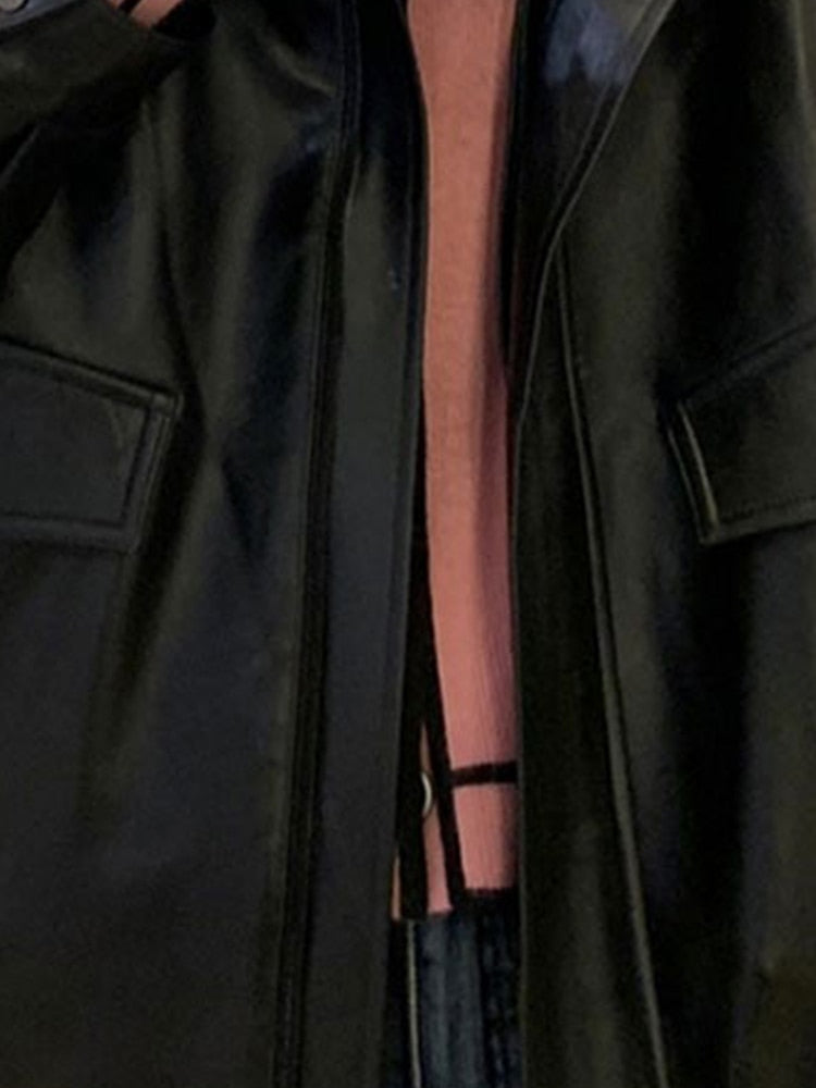 Spring Autumn Cool Retro Casual Oversized Black Waterproof Soft Faux Leather Jackets for Women Zipper Elastic Waist voguable