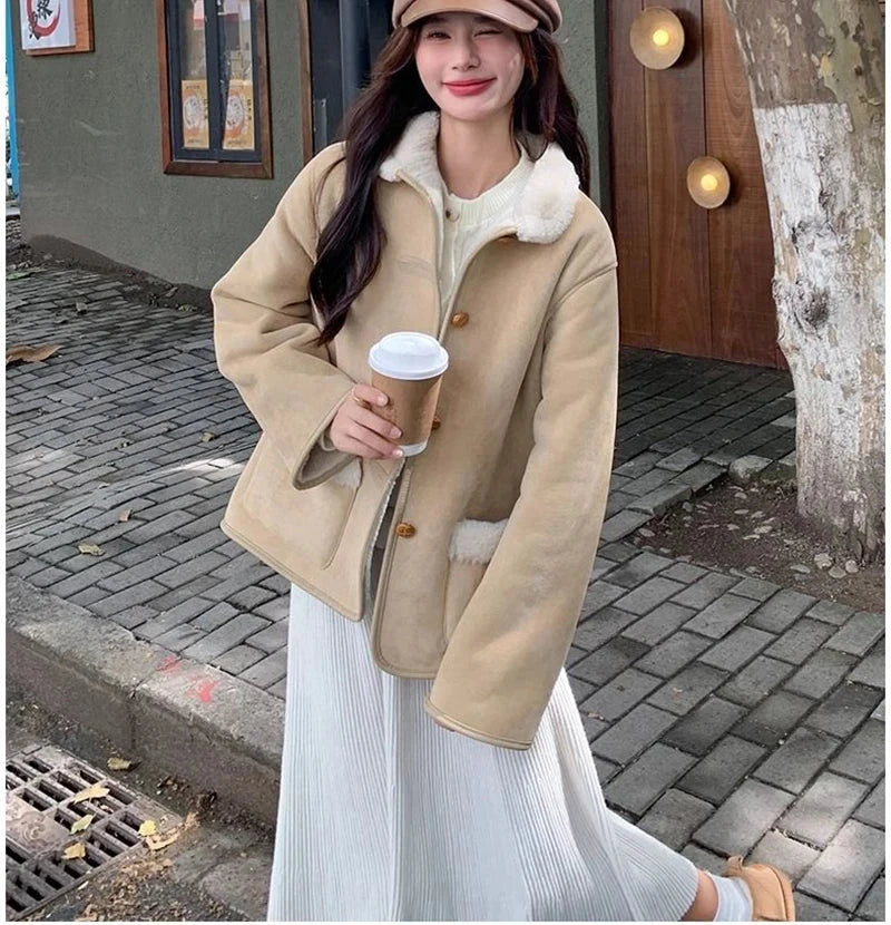 Women Faux Lamb Suede Jacket Winter Warm Long Sleeve Sweet Cotton Coat Korean Pockets Female Thick Vintage Outwear Tops voguable