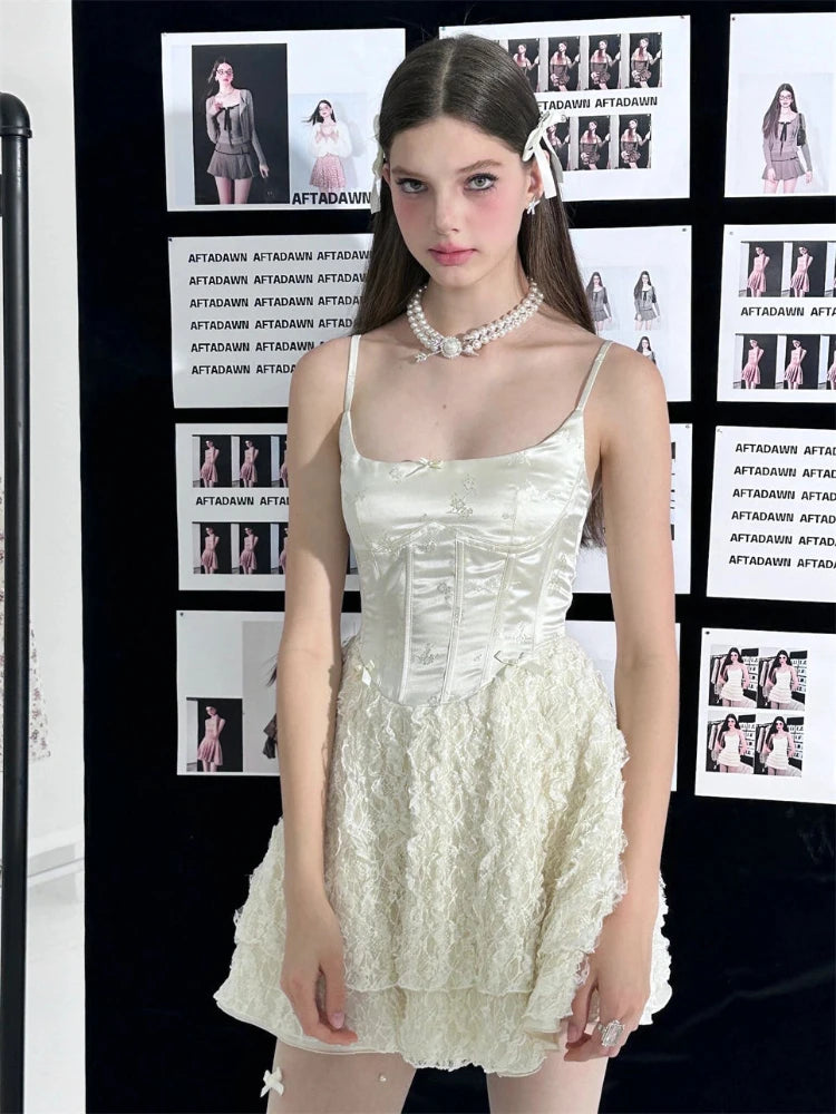 Voguable  Elegant Fairy Dress Women Summer High Waist White Lace Party Mini Dresses Spaghetti Strap Streetwear Korean Fashion voguable