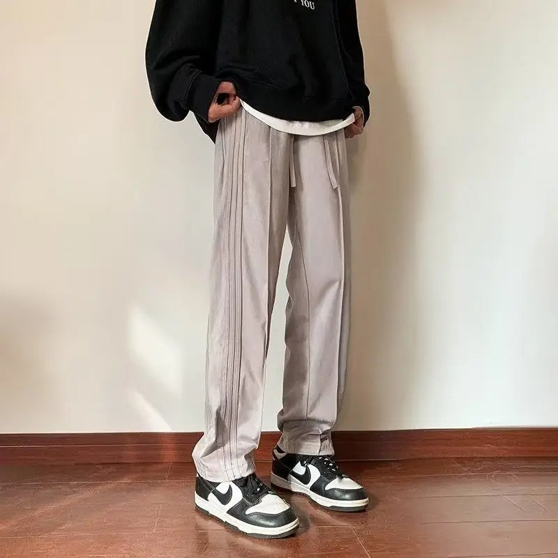 Voguable  Side Stripes Lines American Retro Casual Men Straight Loose Solid Color Versatile Sports Trousers voguable