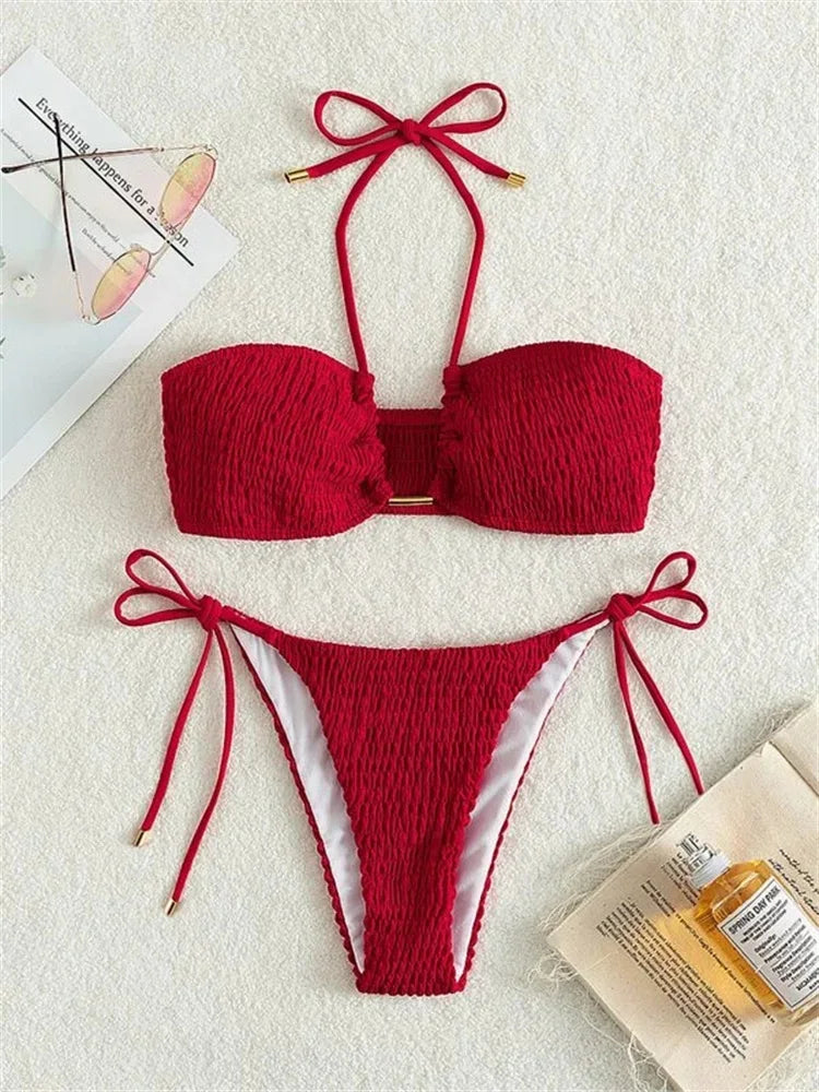 Voguable Sexy Triangle Bikini 2024 Women Red Black Ribbed Push Up Micro Swimsuit Cut Out Metal Designer Bathing Suit Knot Thong Swimwear voguable