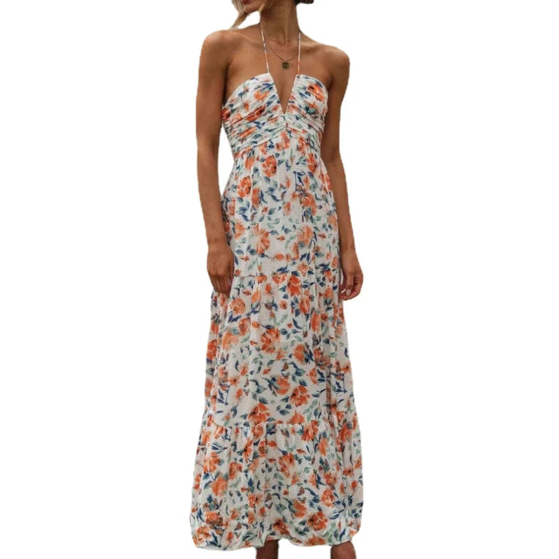 Voguable  Women's Summer Chiffon Halter V Neck Sleeveless Floral Flowy A Line Maxi Dress Boho Backless Tiered Swing Long Beach Dresses voguable