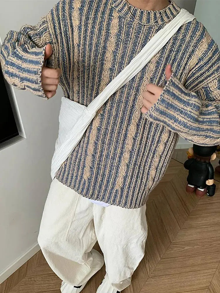 Trendy Striped Twists Knitted Sweaters 2024 Autumn Y2k Men Loose O Neck Long Sleeve Knit Pullover Vintage Warm Sweater Jumpers voguable