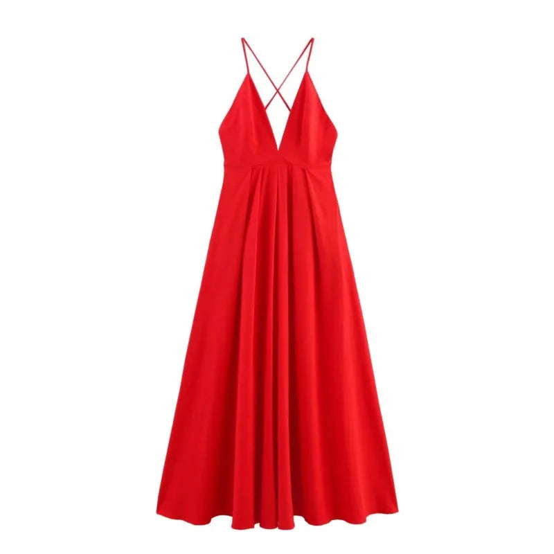 Red Backless Vacation Long Dress 2025 New Solid Color Sleeveless Beach Slip Dress Vestidos Fashion Chic Simple Woman Clothing voguable