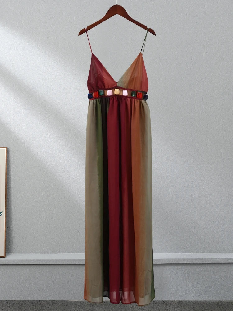 Sexy Backless Slip Long Chiffon Beach Sling Dress For Women Summer Vacation Contrasting V Neck Holiday Beachwear Dresses voguable