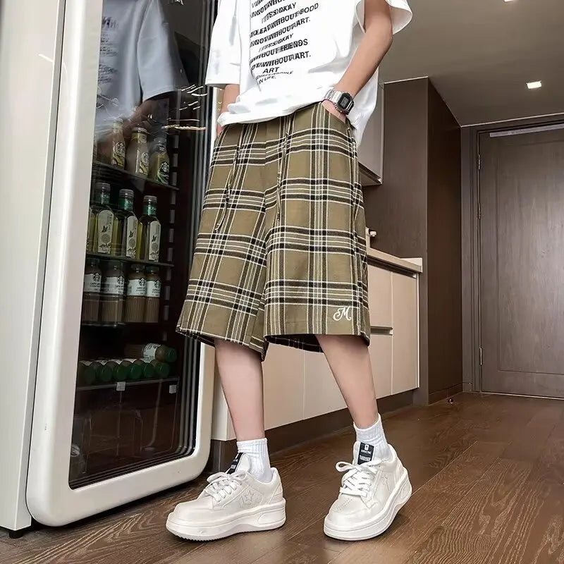 Voguable Stylish Plaid Printed Loose Straight Shorts Men 2024 Summer New Original Fashion Five-pointed Pants Free Shipping voguable