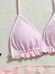 Voguable  Children Pink Crinkle 3-Piece Bikini Set with Halter Triangle Top & Floral Mesh Sarong Cover Up Beachwear Girl's Sportswear voguable