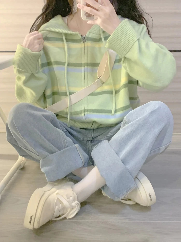 Y2k Aesthetic Stripe Hoodes Cardigans Double Zipper Women Casual Knitwear Harajuku Ladies Jacket Vintage Loose Grunge Sweater voguable