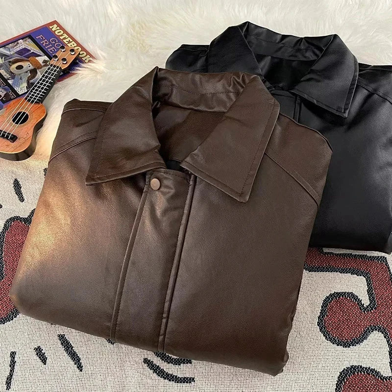 American Pu Leather Jackets Women Y2K Fashion Streetwear Zipper Moto Coats Bf Loose Lapel All-Match Punk Bomber Outerwear New voguable