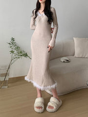 Fur Trim Knitted Slim Casual Long Dress mysite