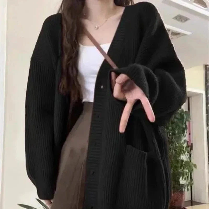Wine Red Preppy Style Fashion Sweater Coat V-Neck Drop-shoulde Autumn Winter Loose Oversize Long Sleeve Cardigans Knitted Tops voguable