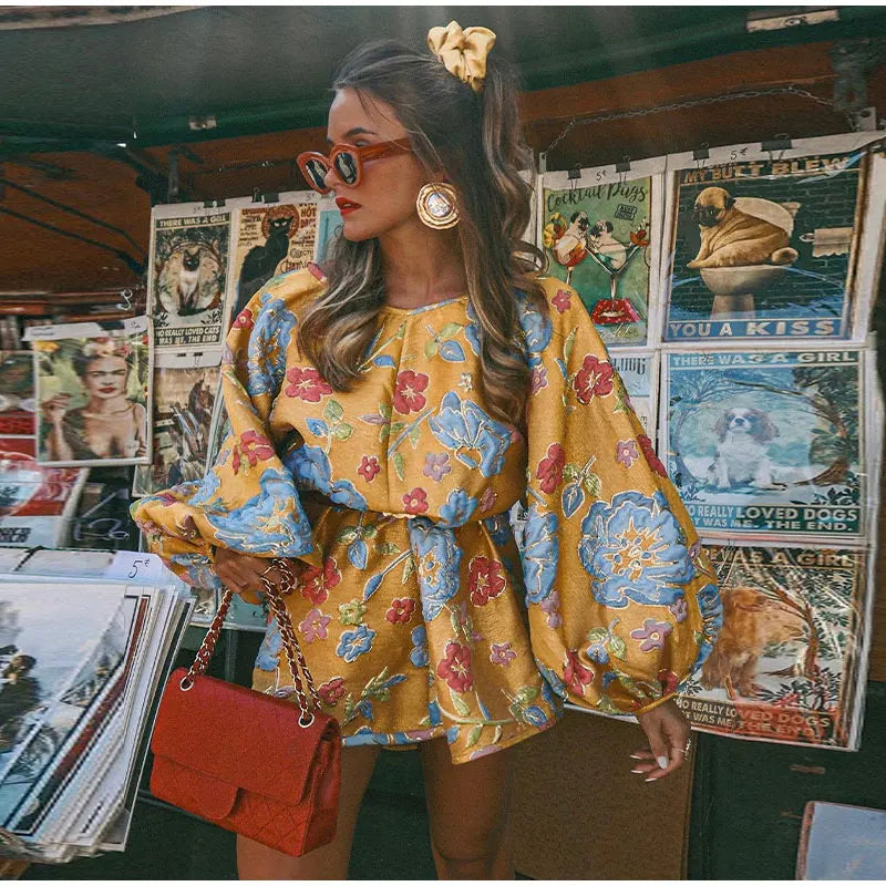 Elegant Printed Women's Jacquard Waist Dress Fashion O Neck Lantern Sleeve Short Vestidos Autumn Lady Party Chic Streetwear voguable