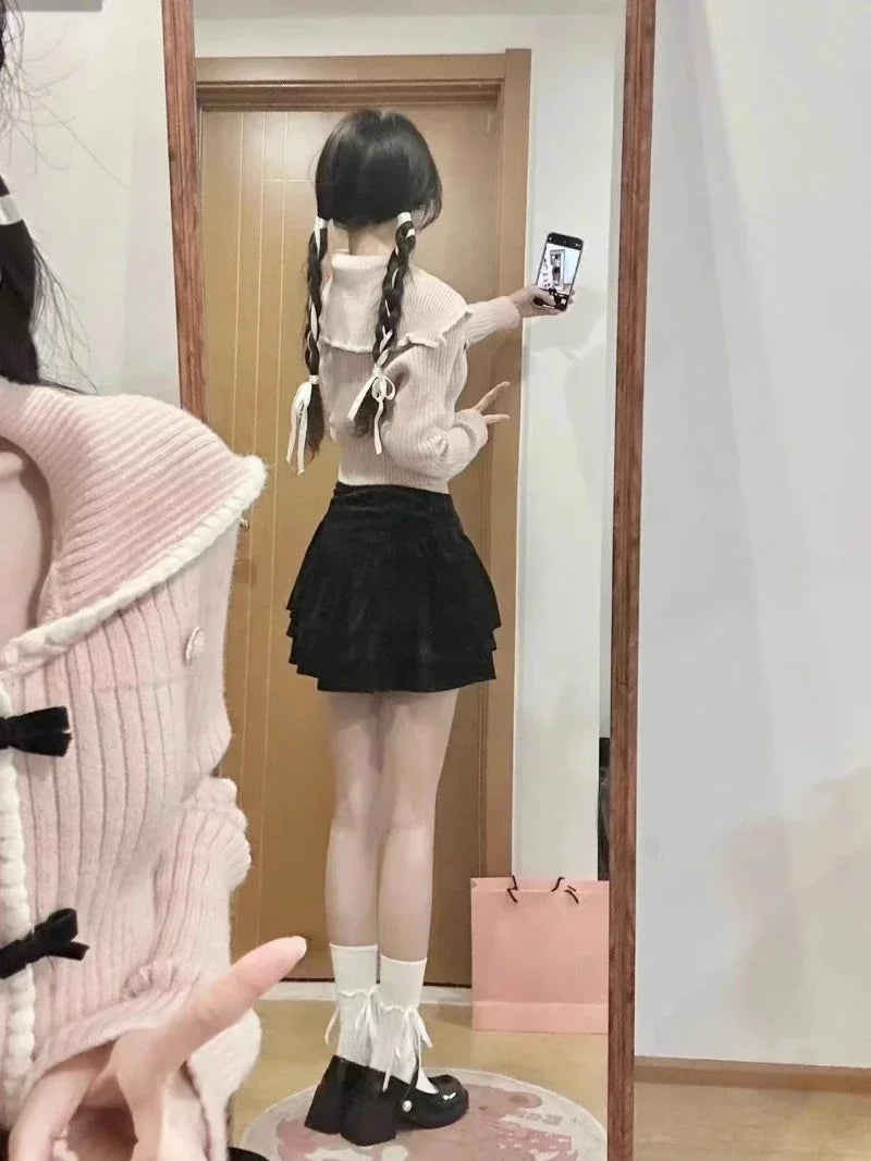 Voguable  Autumn Pink Sweet Cardigan Long Sleeve Y2k High Waist Knitted Coats Tops Japan Style Bow Sweaters Kawaii Slim Fit Women voguable