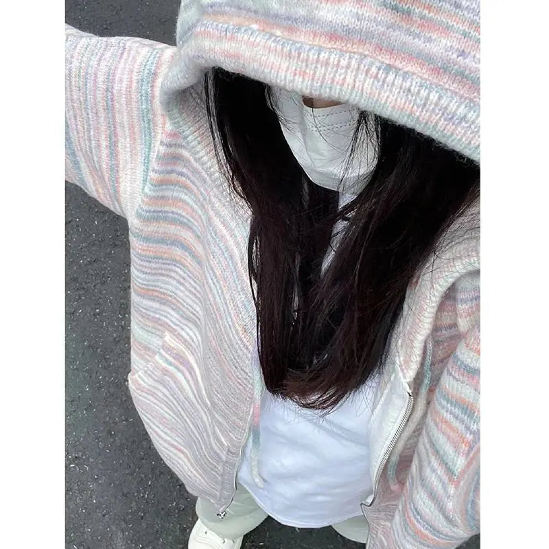 Japanese Y2k Rainbow Striped Kawaii Cardigans Women Autumn All Match Hooded Sweaters Loose Zipper Grunge Knitted Coat Pull Femme voguable