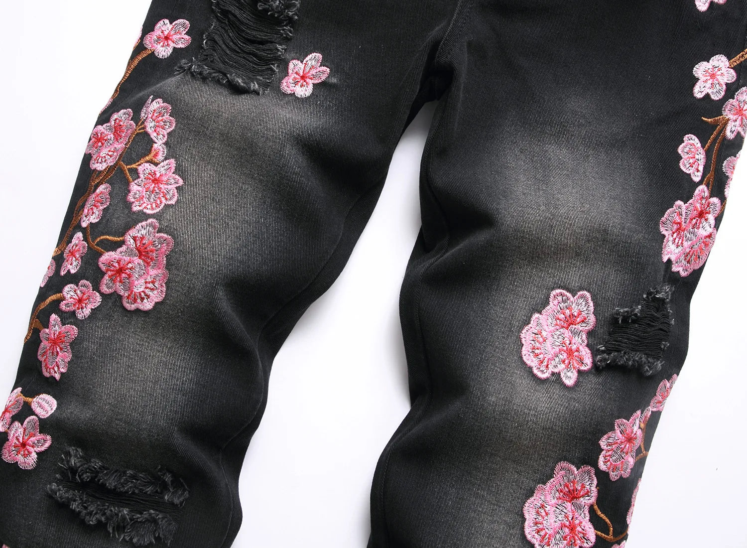Voguable  Men's high-street ripped jeans with floral embroidery patchwork, trendy street-style distressed flared jeans voguable