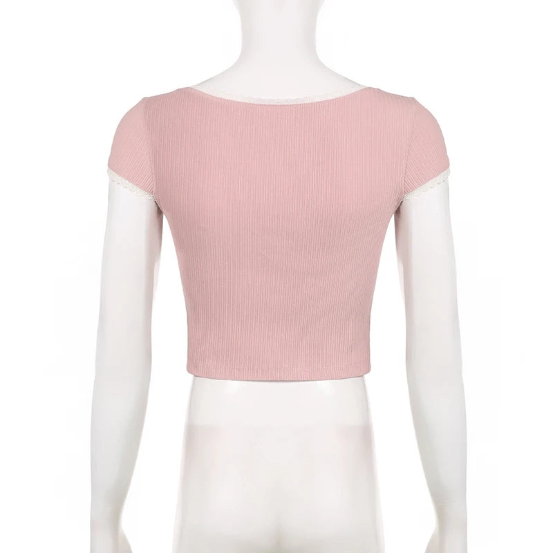 Voguable Kawaii Ribbed Knitted T-shirt Pink Lace Patchwork Milkmaid V-neck Cropped Top Lolita Style Sweet Casual Basic Pullovers voguable