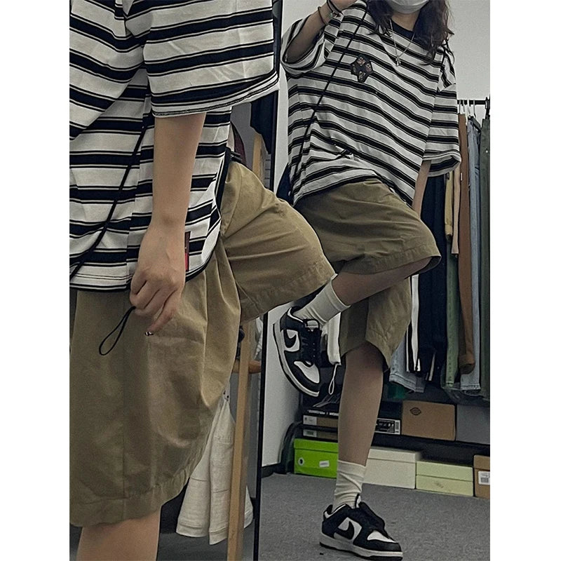 MEXZT Streetwear Pure Cotton Shorts Women Harajuku Oversized Cargo Shorts Summer Korean Black White Wide Leg Sports Short Pants voguable