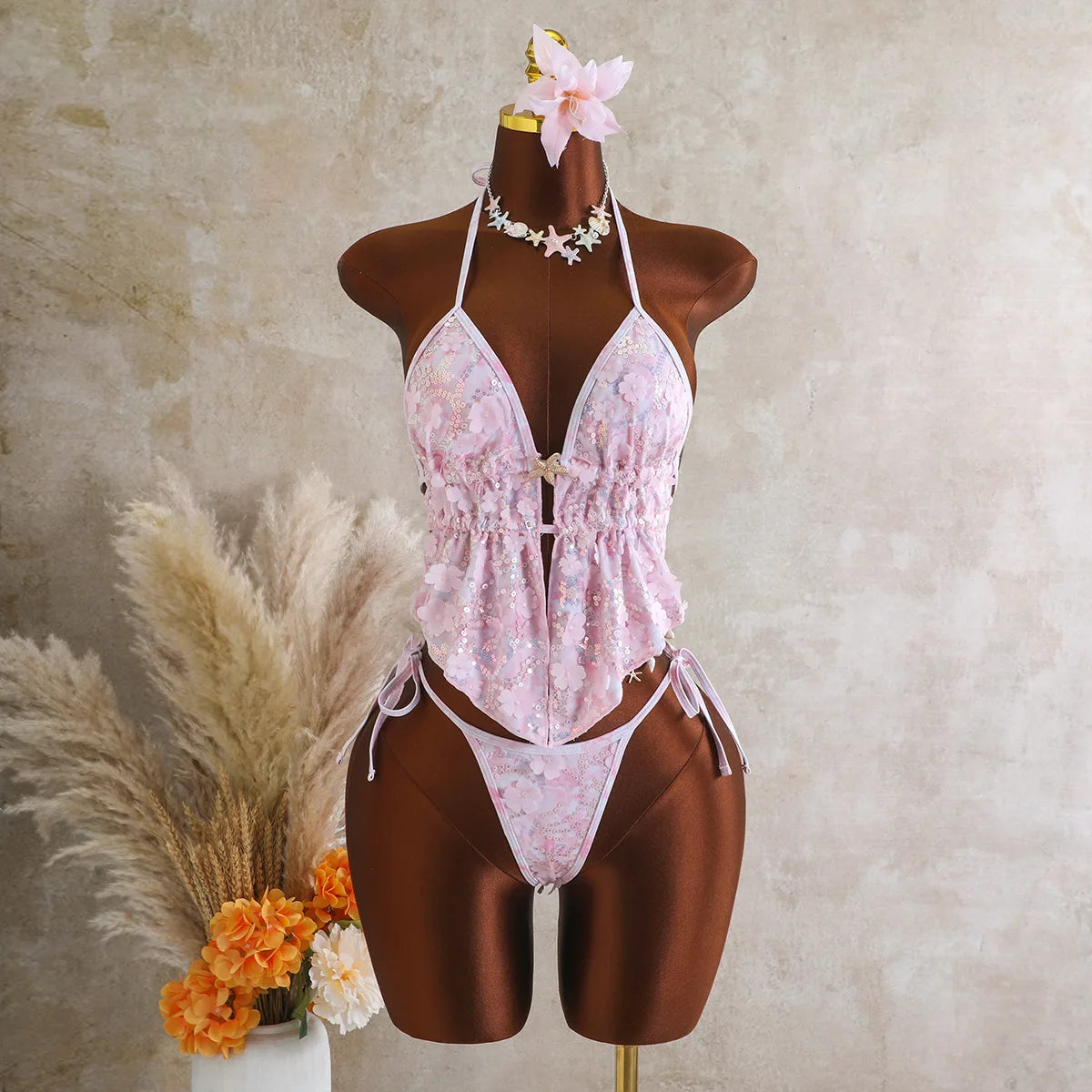 Voguable  Women Backless Bikinis Sequin 3D Flower Halter Tankini Set with Starfish Side Tie High Cut Bottom 2 Piece Swimwear Bathing Suits voguable