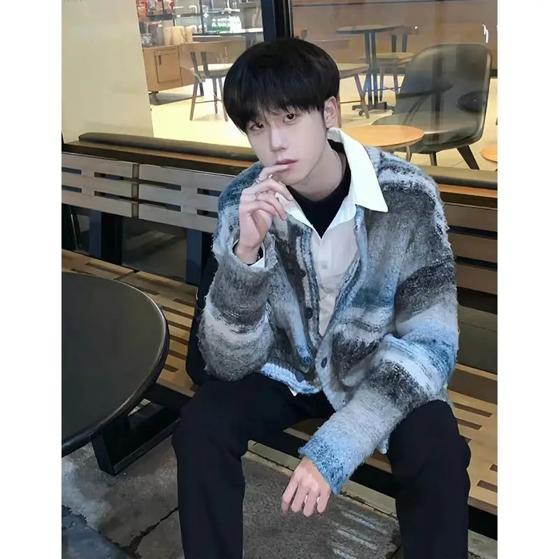 Autumn Winter Fashion Round Neck Long Sleeve Contrast Color Cardigan Men's Clothing Button Vintage Casual All-match Korean Tops voguable