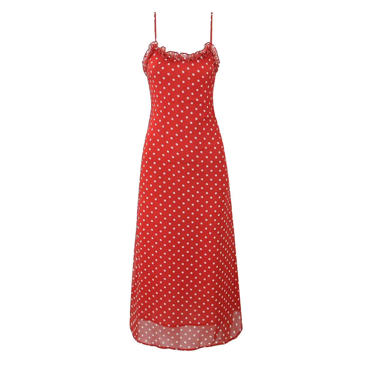 New Women Polka Dot Red Sexy Long Dreses Ruffle O Neck A-line Midi Summer Party Dressess Holiday Robe voguable