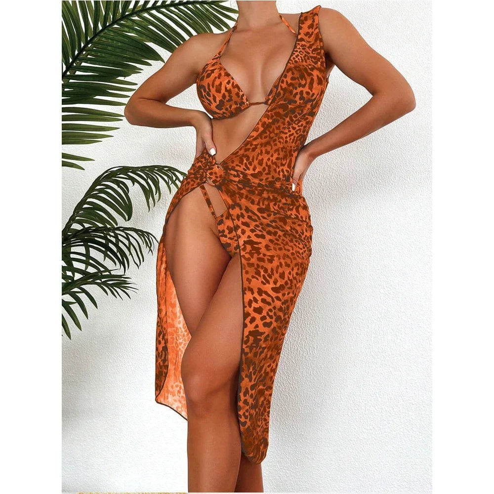 Voguable  Sexy Leopard 3-piece Swimsuit Women Sunscreen Mesh Split Bikini Long Beachskirt Triangle Cup Halter Backless Bathing Suit voguable