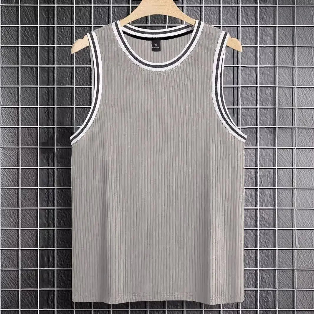 Voguable  Ice Silk Muscle Vest Elastic Ribbed Texture Sporty Sleeveless T-Shirt for Young Men Summer Season Regular Thickness round Neck voguable