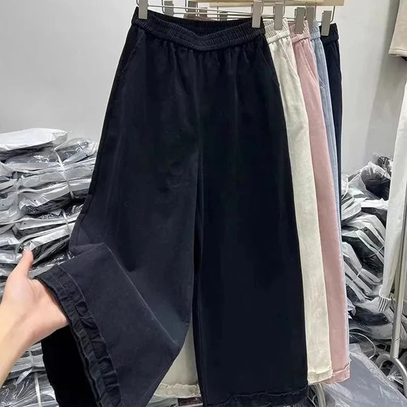 Korean Chic Ruffle Patchwork Ankle Length Pants Women Summer High Waist Loose Wide Leg Pants Elastic Waist Baggy Casual Trousers voguable