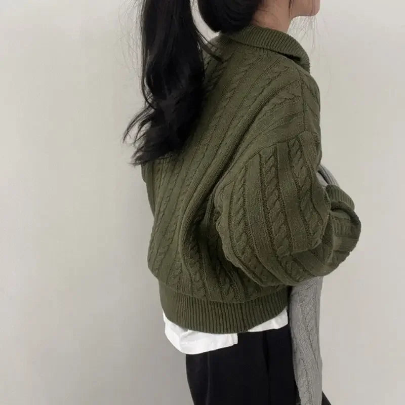 Voguable  Korean Fashion Half Zipper Sweaters Women Vintage Twisted Knitted Crop Pullover Casual Sueter Mujer Long Sleeve Tops voguable