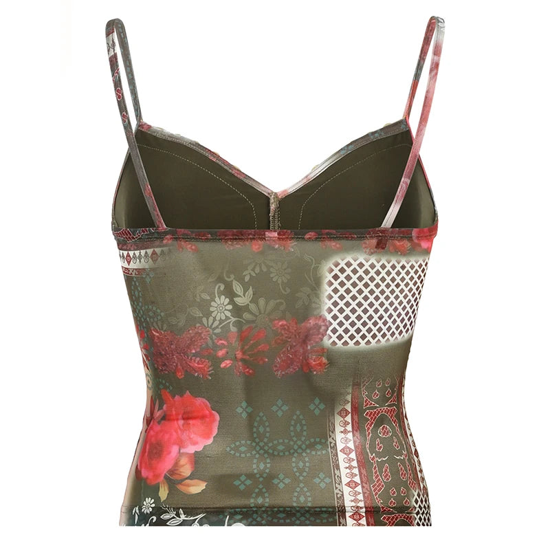 Voguable  Vintage Flower Print Cami Women Fairycore Grunge Lace Patchwork Tie-up Bow Spaghetti Straps Crop Tops Sexy Streetwear voguable