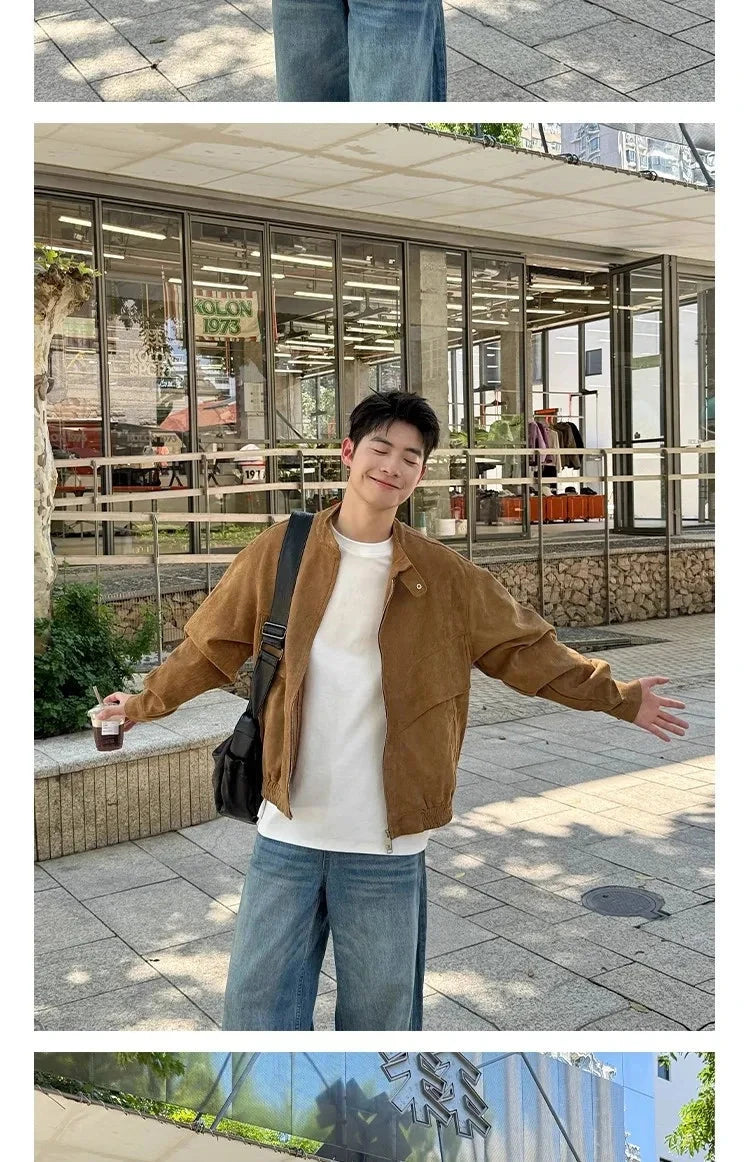 Khaki Cargos Stand Collar Jackets Men's Japanese Retro Streetwear Fashion Solid Color Zipper Long Sleeve Coats Autumn Clothing voguable