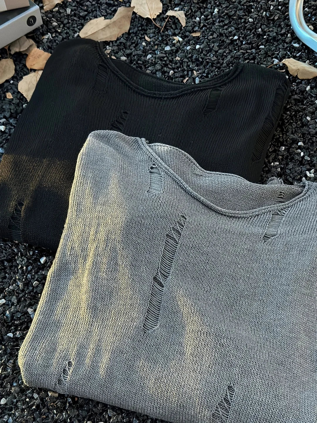 Voguable  Ripped Knitted Lace Mesh Sunshade Long Sleeve T-Shirt for Men Casual Style Breathable Comfortable round Neck Design voguable