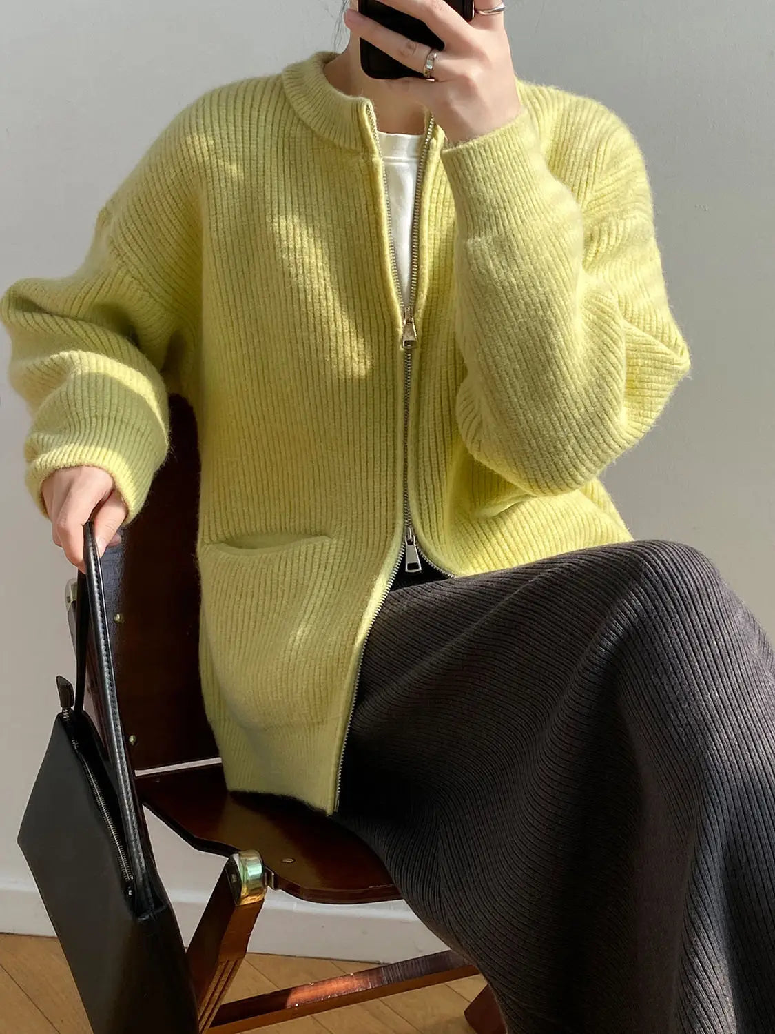 Sweater Cardigan Women Autumn Double Zipper Casual Korean Knitwear Coat Solid Color Loose Soft Long Sleeve Jackets Outerwear voguable