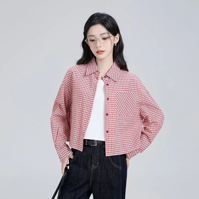 Sweet Red Plaid Shirt Women Preppy Style Vintage Long Sleeve Blouse Korean Fall Loose Female Retro Cute All Match Tops New voguable