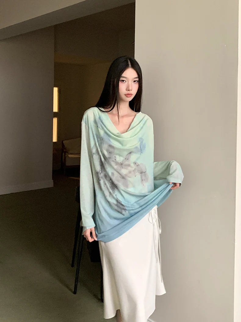Gradient Fall 2025 Fashion Woman Oversize Graphic T Shirts Long Sleeve Top Cowls Blue Tee Autumn Streetwear Clothing voguable