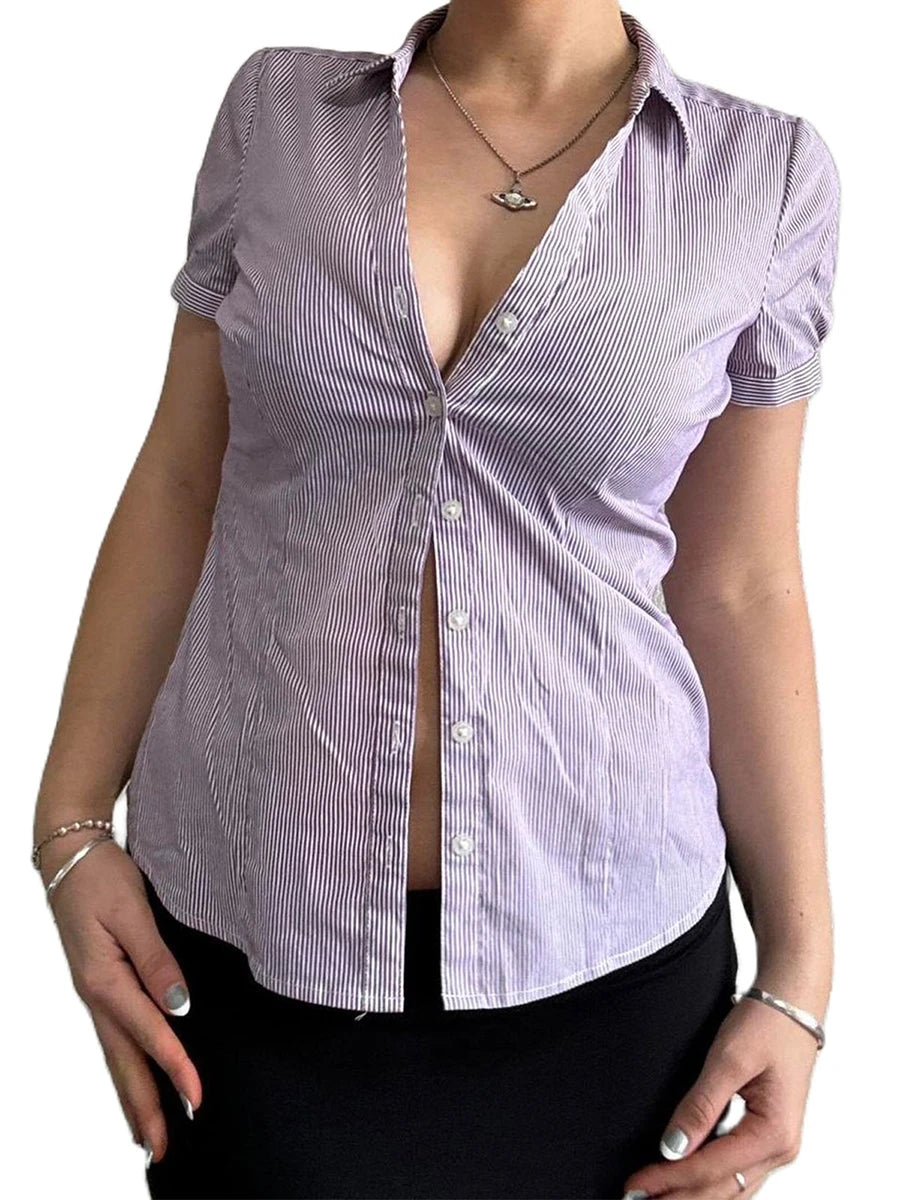 Women s Striped Short Sleeve Shirt with Turn Down Collar and Button Down Detail - Stylish Summer Blouse for Casual Streetwear voguable