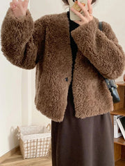 Winter Vintage Women Faux Lamb Coat Warm Soft Long Sleeve V Neck Sweet Jacket Retro Simple Solid Korean Female Preppy Style Tops voguable