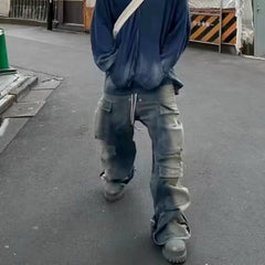 RO Style Gradient Ribbons Multi-pockets Drawstring Jeans for Men Harajuku Streetwear Baggy Y2K Denim Trousers Oversized Cargos voguable