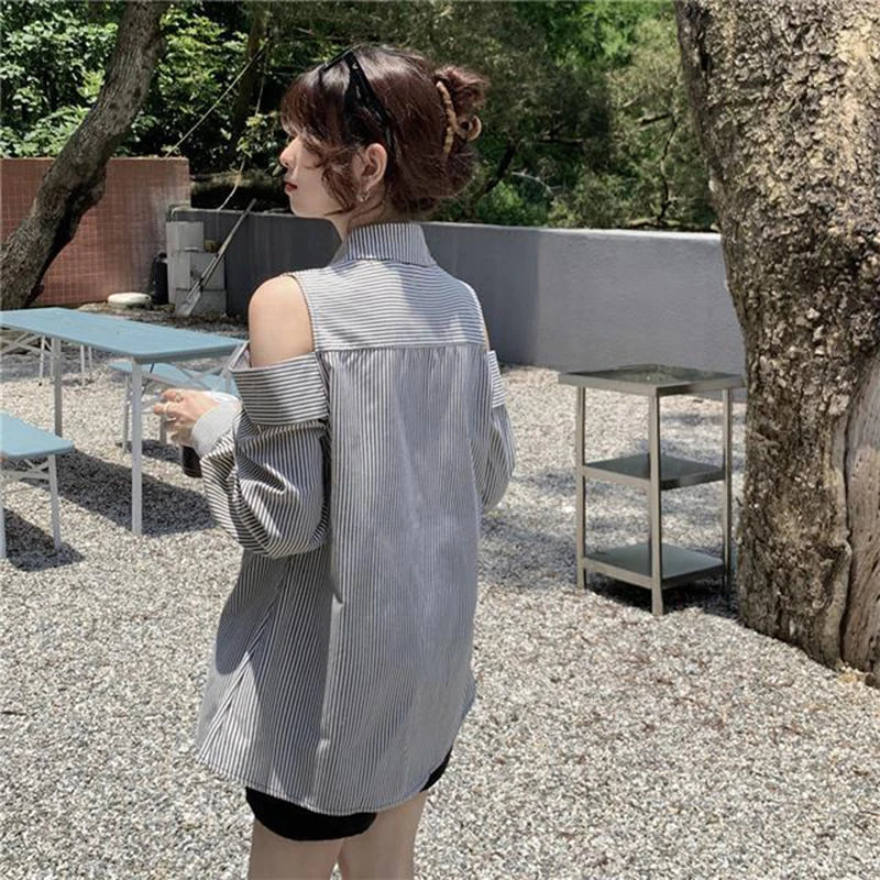 Hollow Out Striped Shirt Women Casual Long Sleeve Off Shoulder Blouse Korean Vintage Loose Design Female Retro Elegant Top voguable