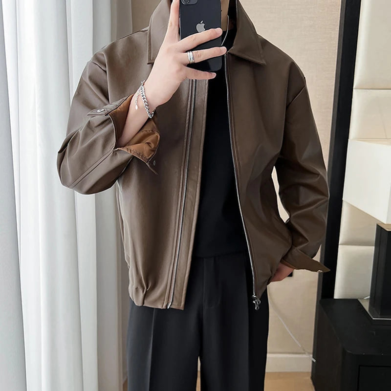 New Autumn Men's Casual Textured PU Leather Jacket High Street Zip-up Turn-down Collar Solid Color Long Sleeve Retro Coats M-3XL voguable