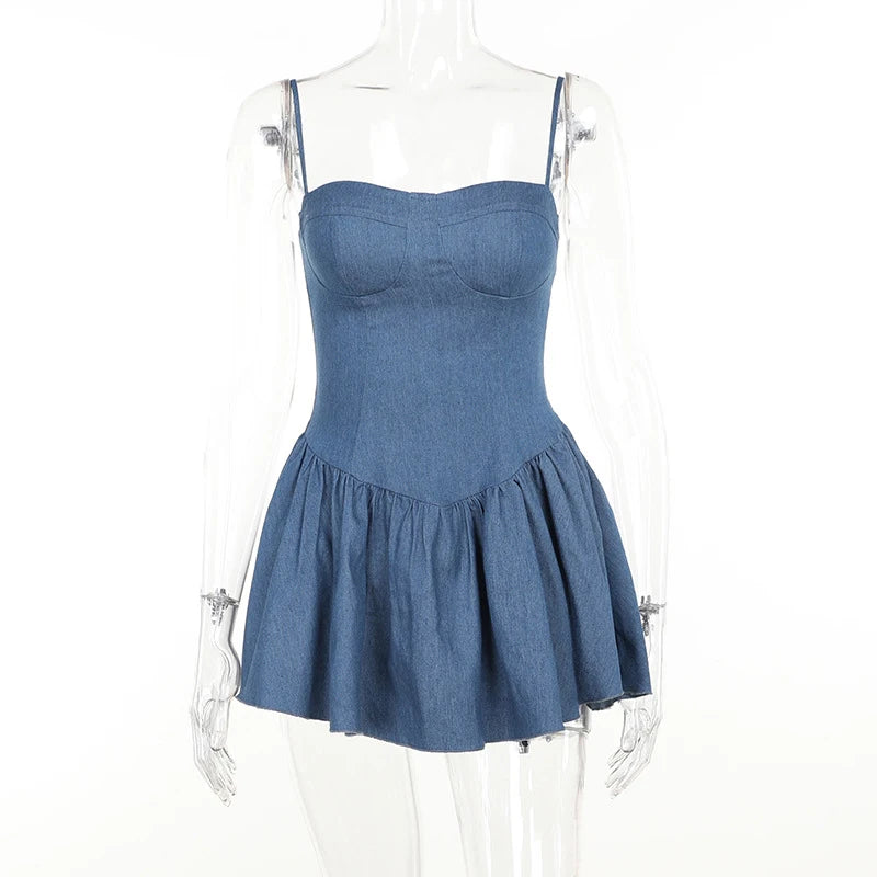 Voguable  Spaghetti Strap Imitation Jeans Sleeveless Female Vestido Low Waist Slash Neck New Fashion Femme A-line Pleated Sexy Dresses voguable